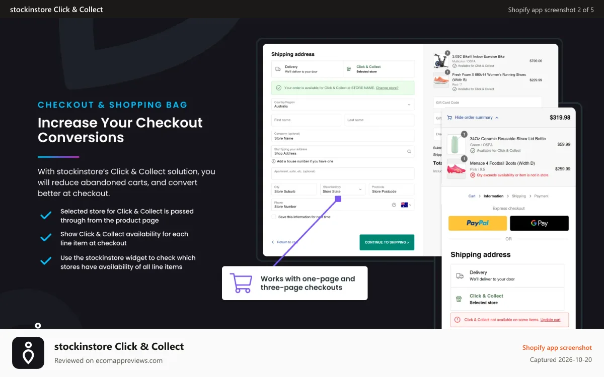 stockinstore Click & Collect Shopify app screenshot: stockinstore Click and Collect app show line item availability