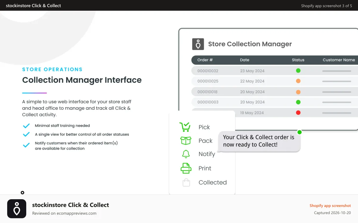 stockinstore Click & Collect Shopify app screenshot: stockinstore Click and Collect app with collection manager