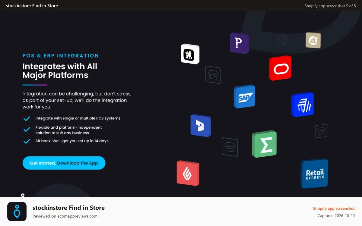 stockinstore Find in Store Shopify app screenshot: stockinstore Find in Store app integrates with major platforms