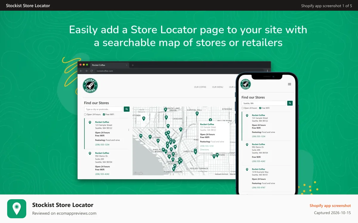 Stockist Store Locator Shopify app screenshot: Easily add a searchable store/retailer/dealer map to your site