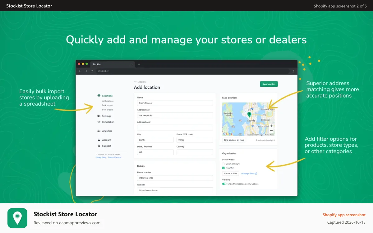 Stockist Store Locator Shopify app screenshot: Quickly add and manage your stores or dealers