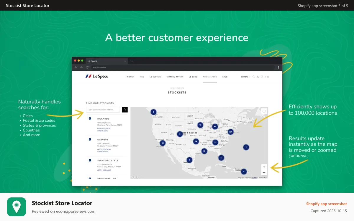 Stockist Store Locator Shopify app screenshot: A better customer experience