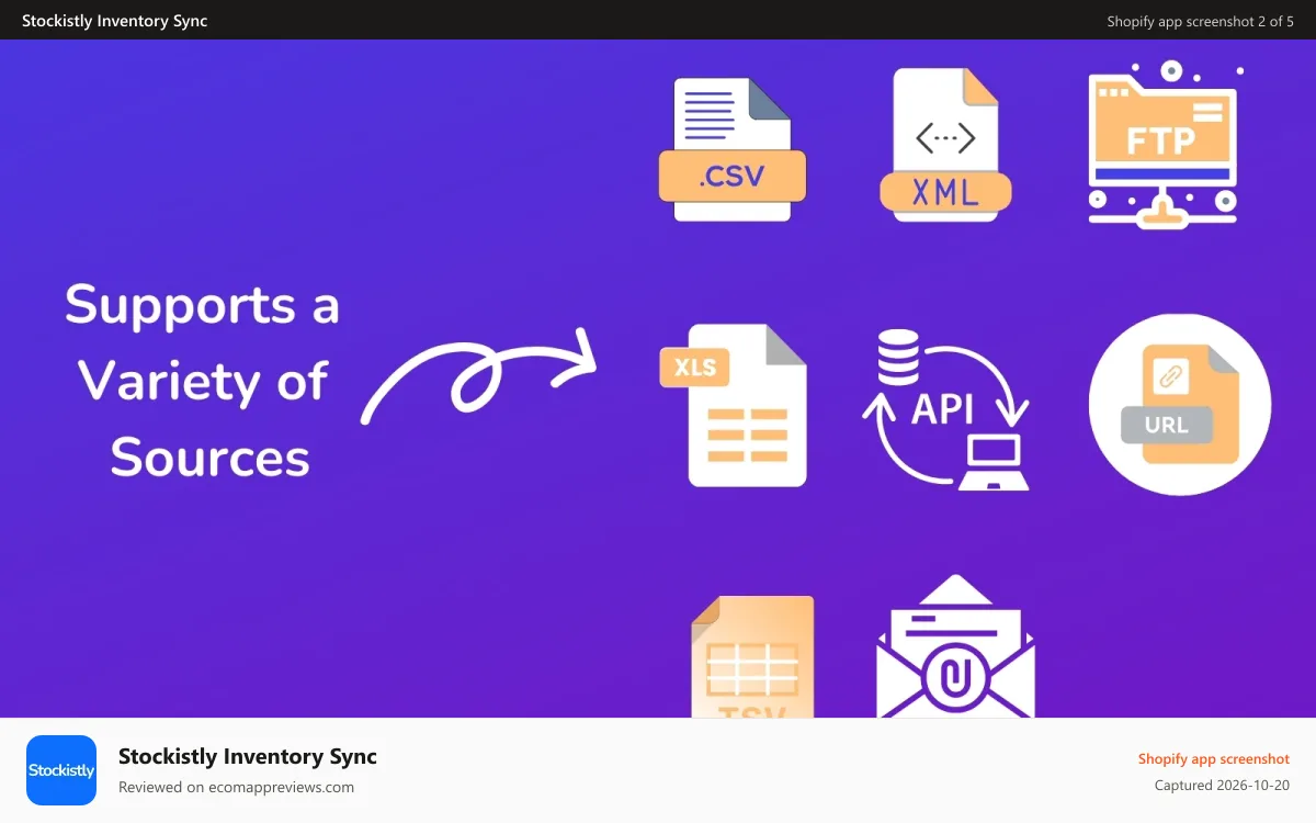 Stockistly Inventory Sync Shopify app screenshot: inventory sync xml csv ftp