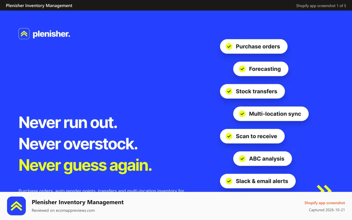 Plenisher Inventory Management Shopify app screenshot: Plenisher inventory and purchase orders for Shopify