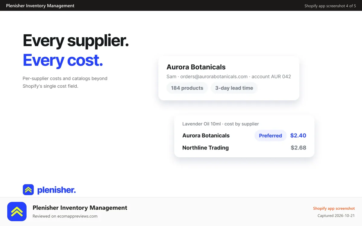Plenisher Inventory Management Shopify app screenshot: Supplier profile and per supplier costs per product