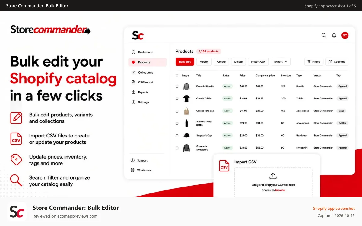 Store Commander: Bulk Editor Shopify app screenshot: Shopify catalog management with bulk editing and CSV import