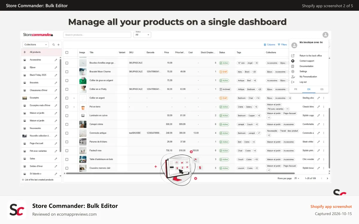 Store Commander: Bulk Editor Shopify app screenshot: Manage all your products on a single dashboard