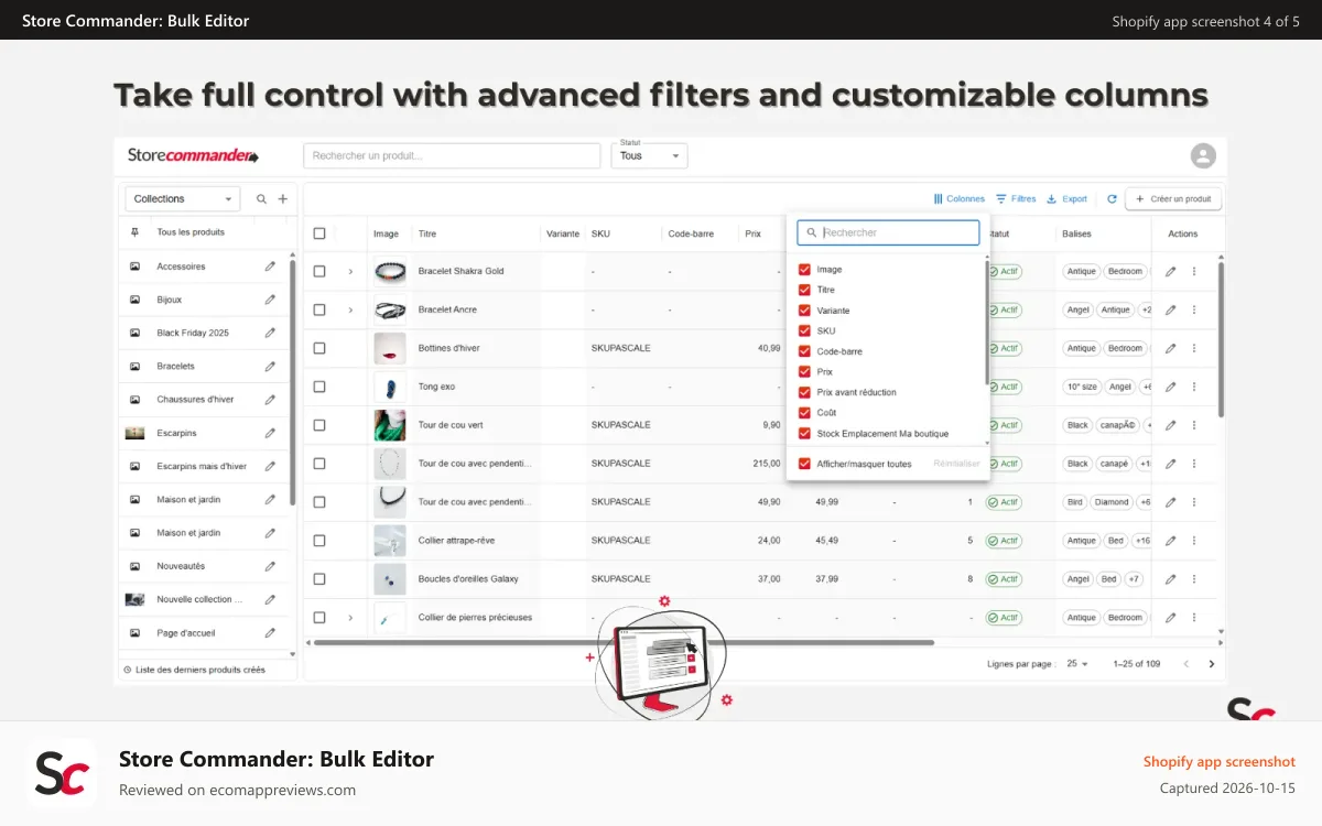 Store Commander: Bulk Editor Shopify app screenshot: Take full control with advanced filters and customizable columns