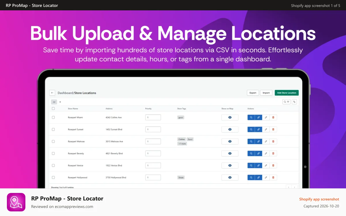 RP ProMap ‑ Store Locator Shopify app screenshot: Bulk upload locations