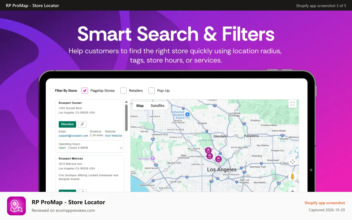 RP ProMap ‑ Store Locator Shopify app screenshot: smart search and filters