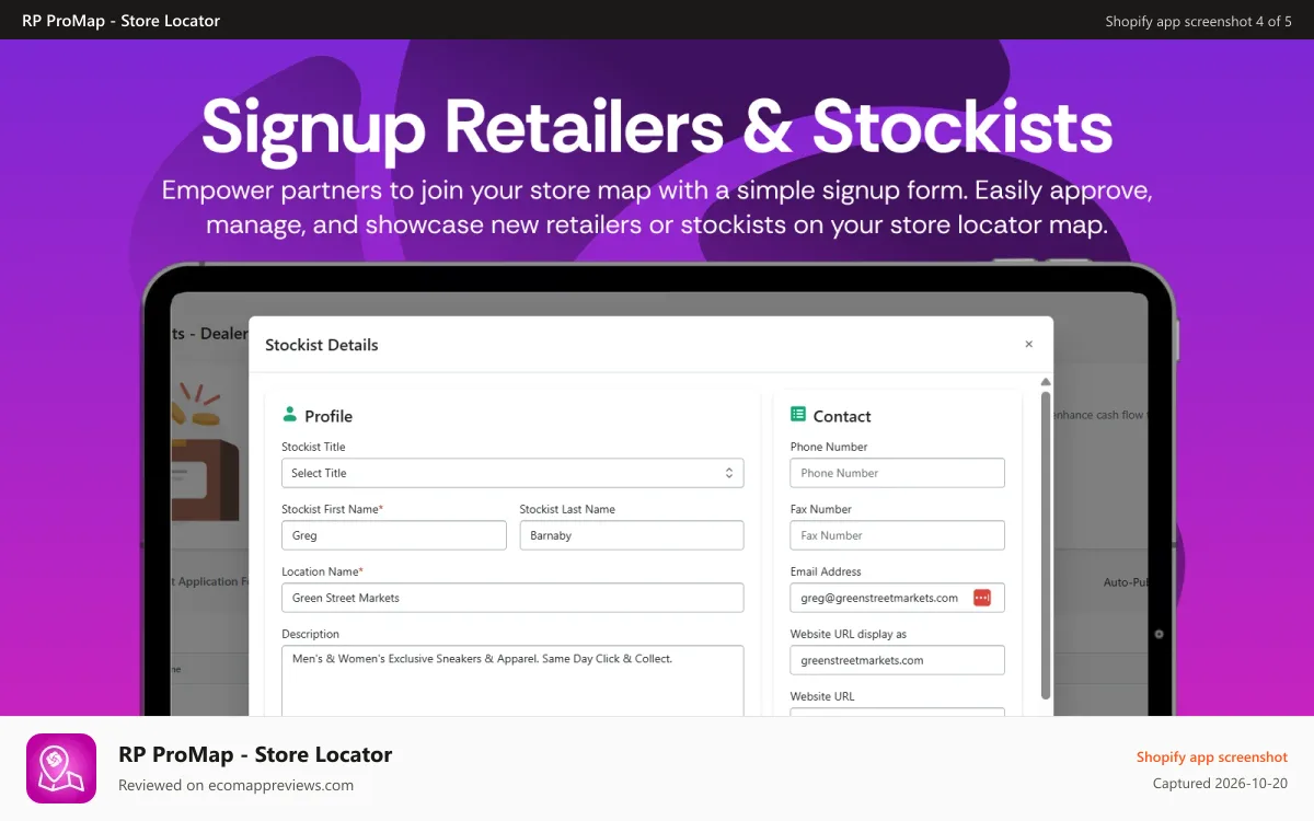 RP ProMap ‑ Store Locator Shopify app screenshot: Stockist form signups