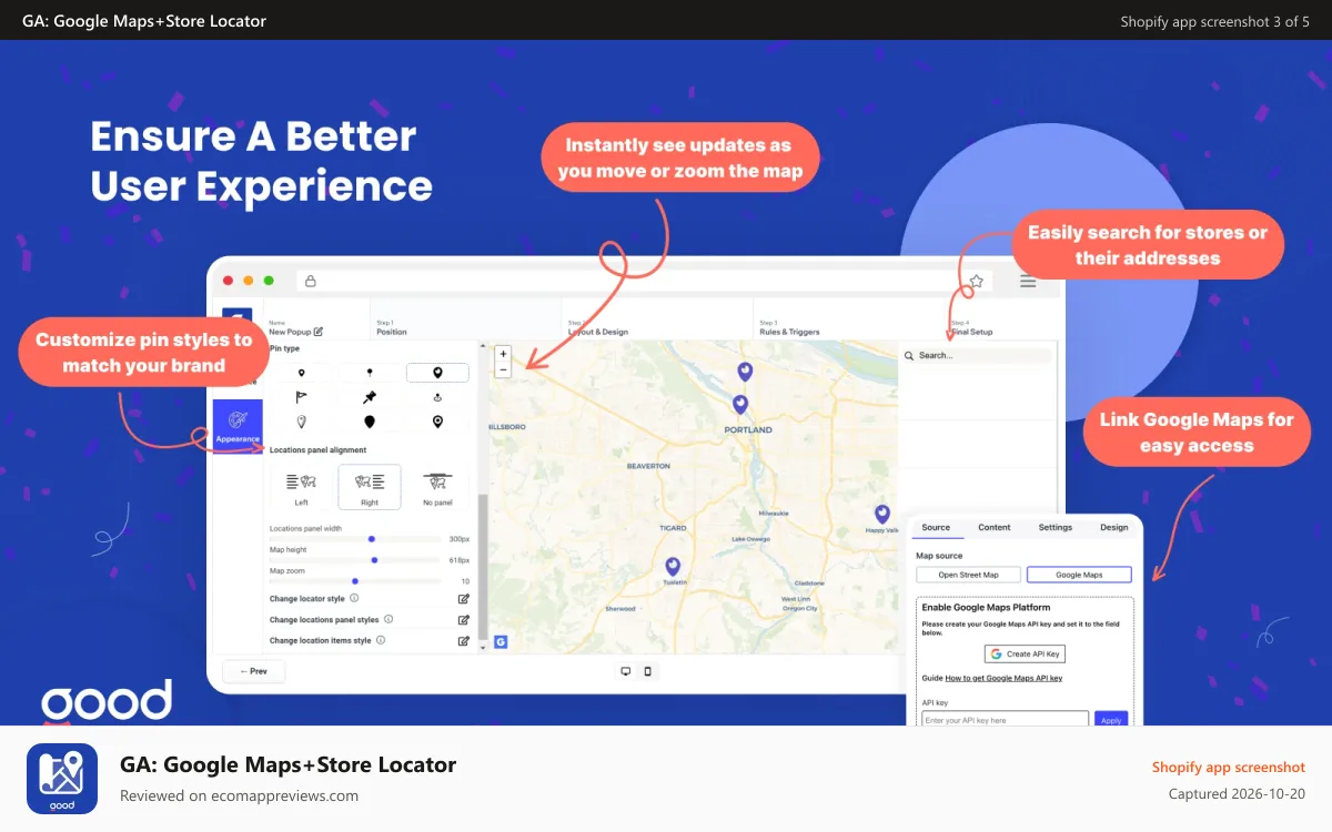 GA: Google Maps+Store Locator Shopify app screenshot: User Experience