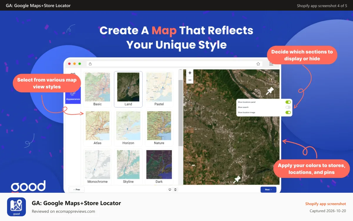 GA: Google Maps+Store Locator Shopify app screenshot: Adapt Your Map