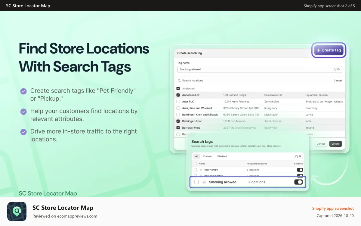 SC Store Locator Map Shopify app screenshot: Find store locations with search tags