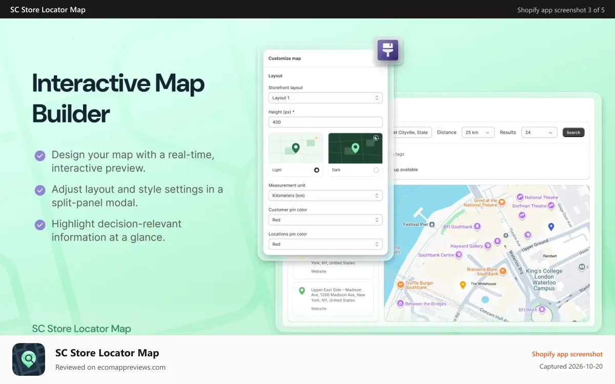 SC Store Locator Map Shopify app screenshot: Interactive map builder