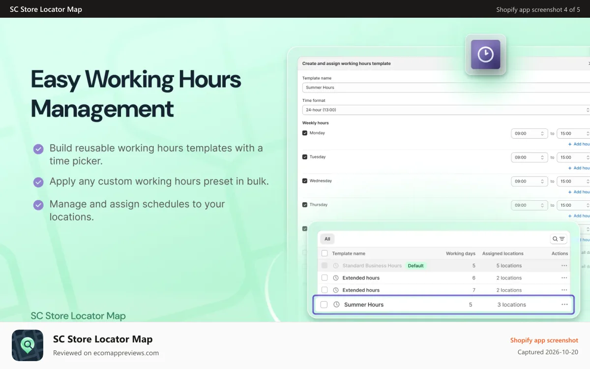 SC Store Locator Map Shopify app screenshot: Easy working hours template