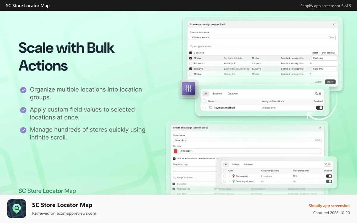 SC Store Locator Map Shopify app screenshot: Scale with bulk actions