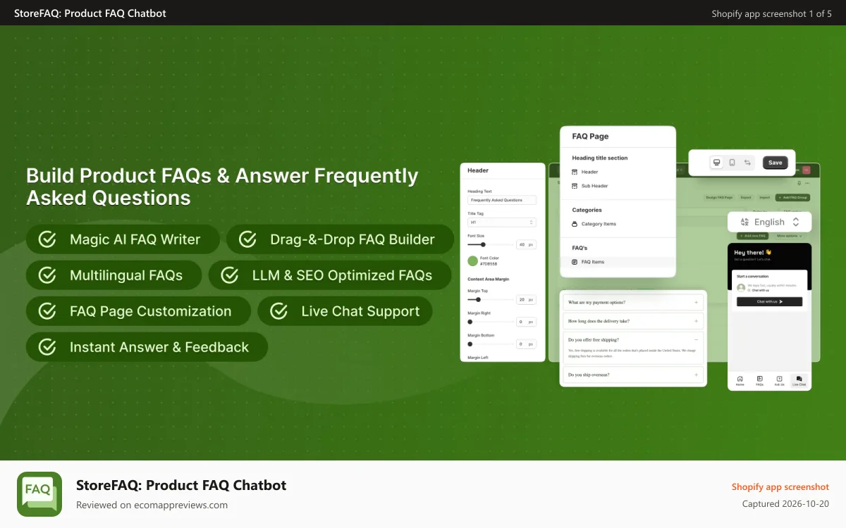 StoreFAQ: Product FAQ Chatbot Shopify app screenshot: Build Multilingual FAQs with Instant Answers & Live Chat
