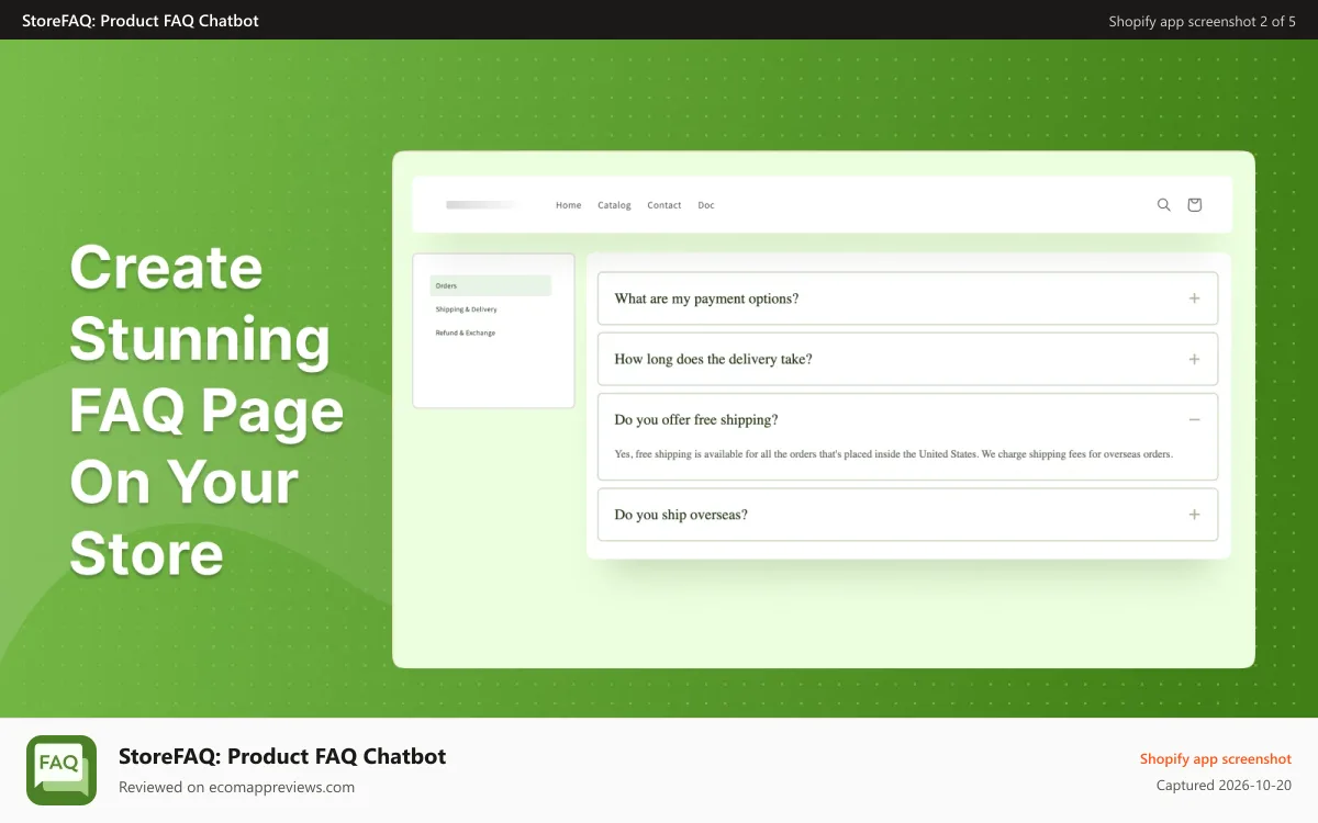 StoreFAQ: Product FAQ Chatbot Shopify app screenshot: Create Stunning FAQ Page On Your Store