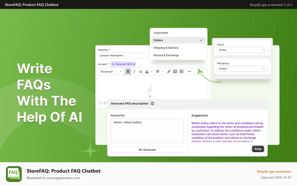 StoreFAQ: Product FAQ Chatbot Shopify app screenshot: Write FAQs With The Help Of AI