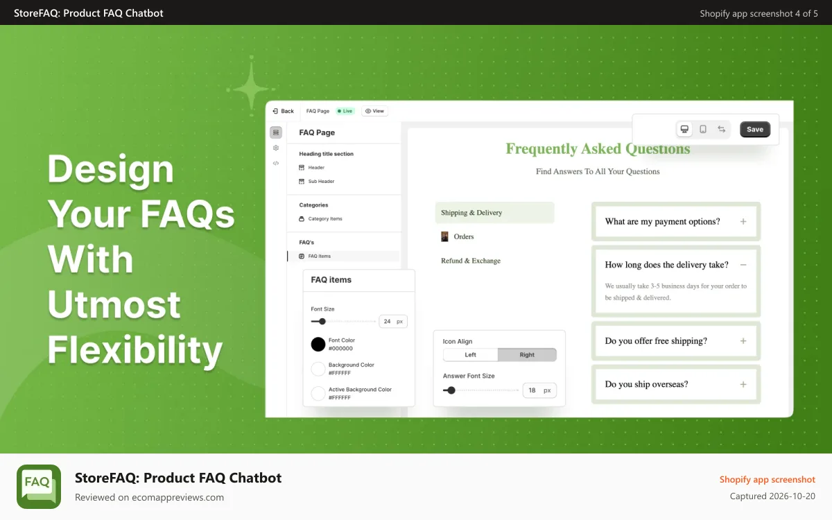 StoreFAQ: Product FAQ Chatbot Shopify app screenshot: Design Your FAQs With Utmost Flexibility