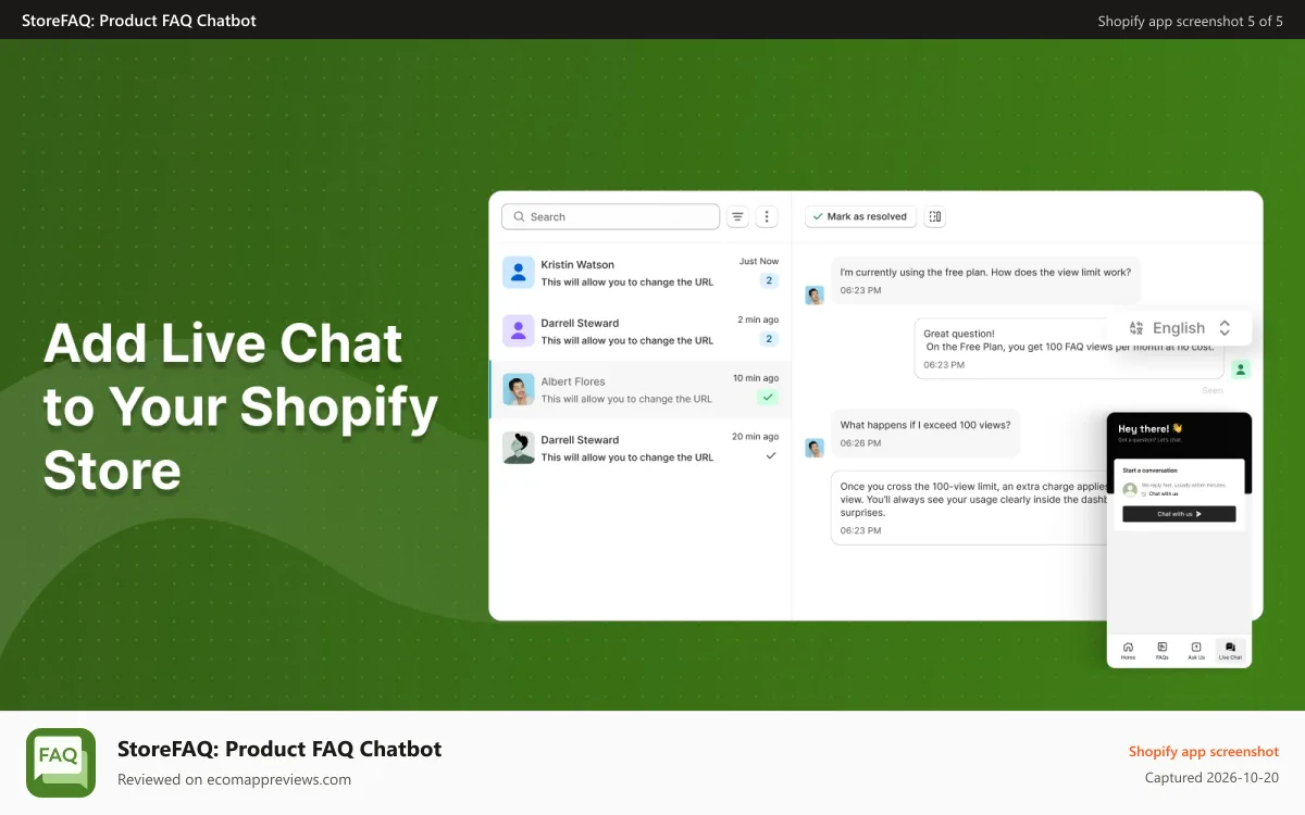 StoreFAQ: Product FAQ Chatbot Shopify app screenshot: Add Live Chat to Shopify Store
