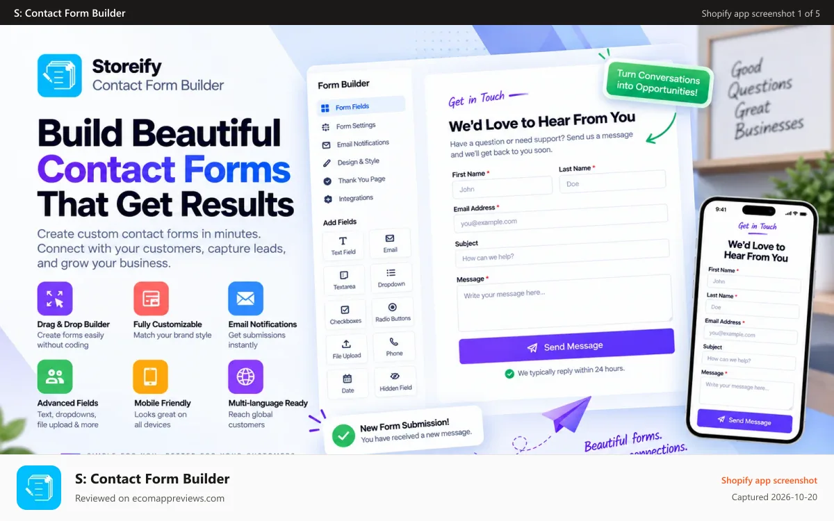 S: Contact Form Builder Shopify app screenshot: Storeify Contact Form builder