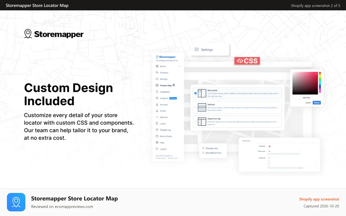 Storemapper Store Locator Map Shopify app screenshot: Custom Design Store Locator