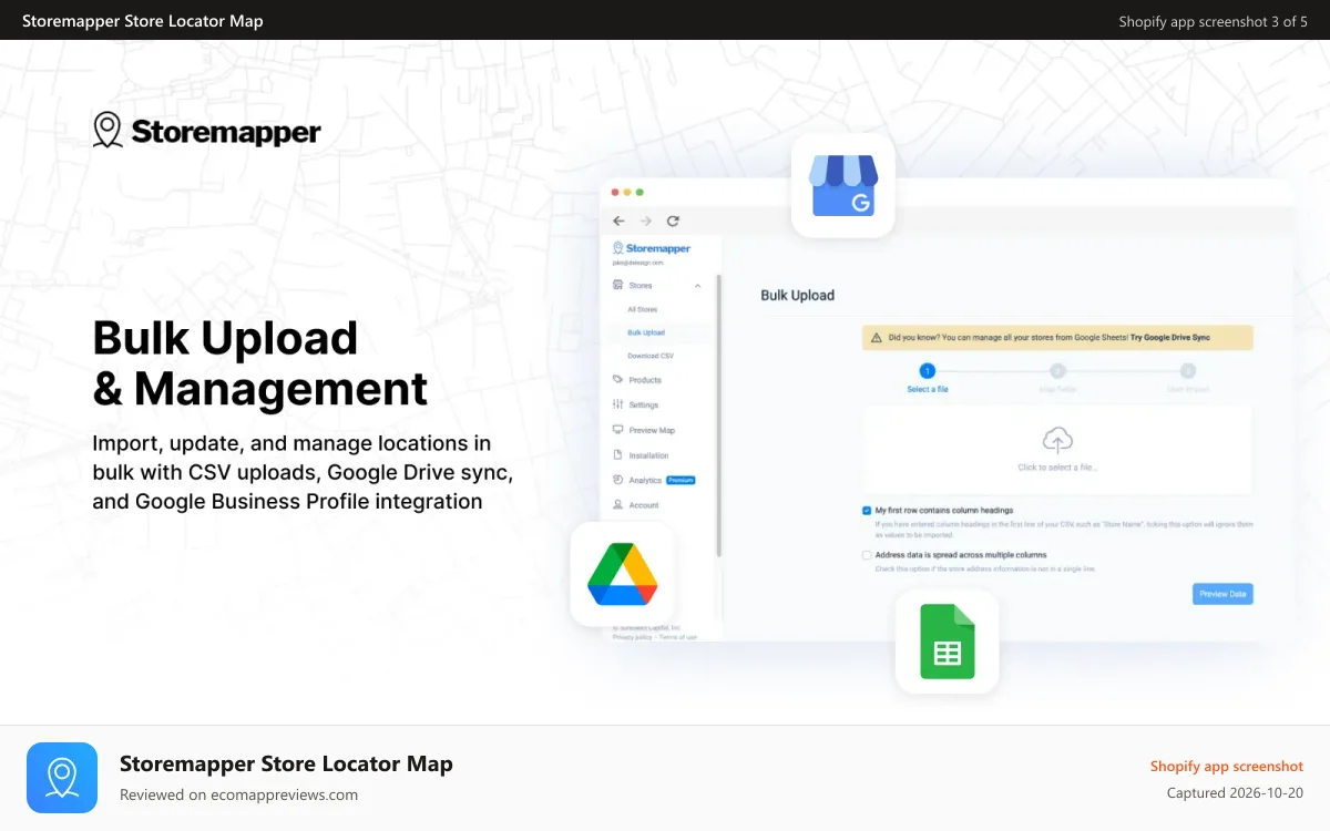 Storemapper Store Locator Map Shopify app screenshot: Bulk Upload and management store locator