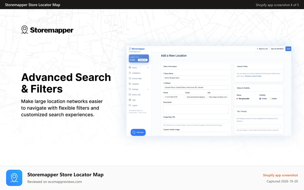 Storemapper Store Locator Map Shopify app screenshot: advanced search and filters store locator