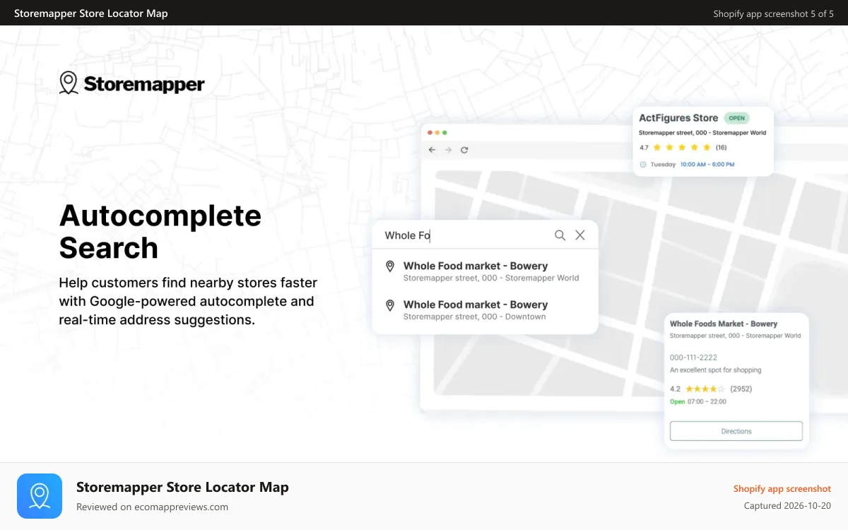 Storemapper Store Locator Map Shopify app screenshot: autocomplete search