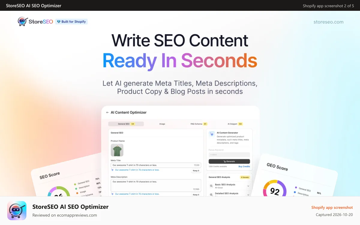 StoreSEO AI SEO Optimizer Shopify app screenshot: Add Meta Description, Meta Title, & Keywords with AI