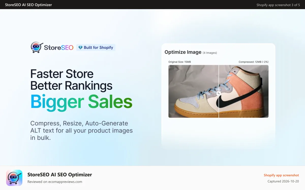 StoreSEO AI SEO Optimizer Shopify app screenshot: image optimizer, image compression, image format convert