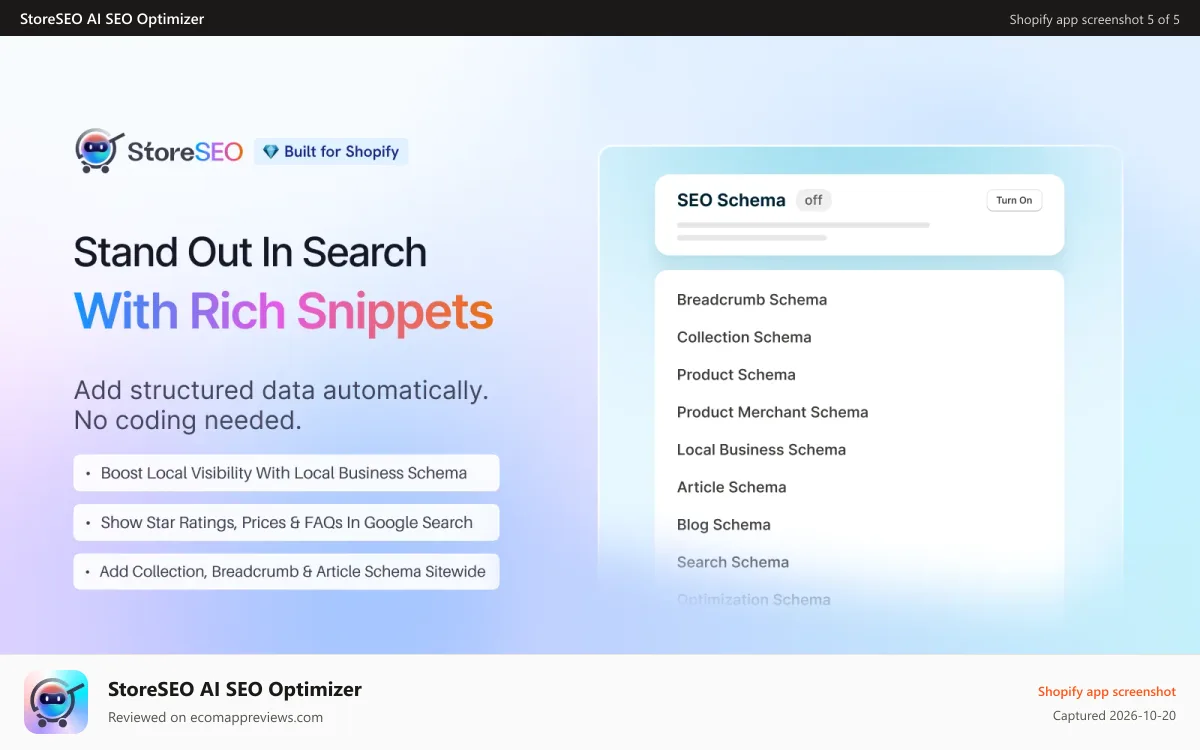 StoreSEO AI SEO Optimizer Shopify app screenshot: Apply SEO schema and boost local rankings with JSON-LD