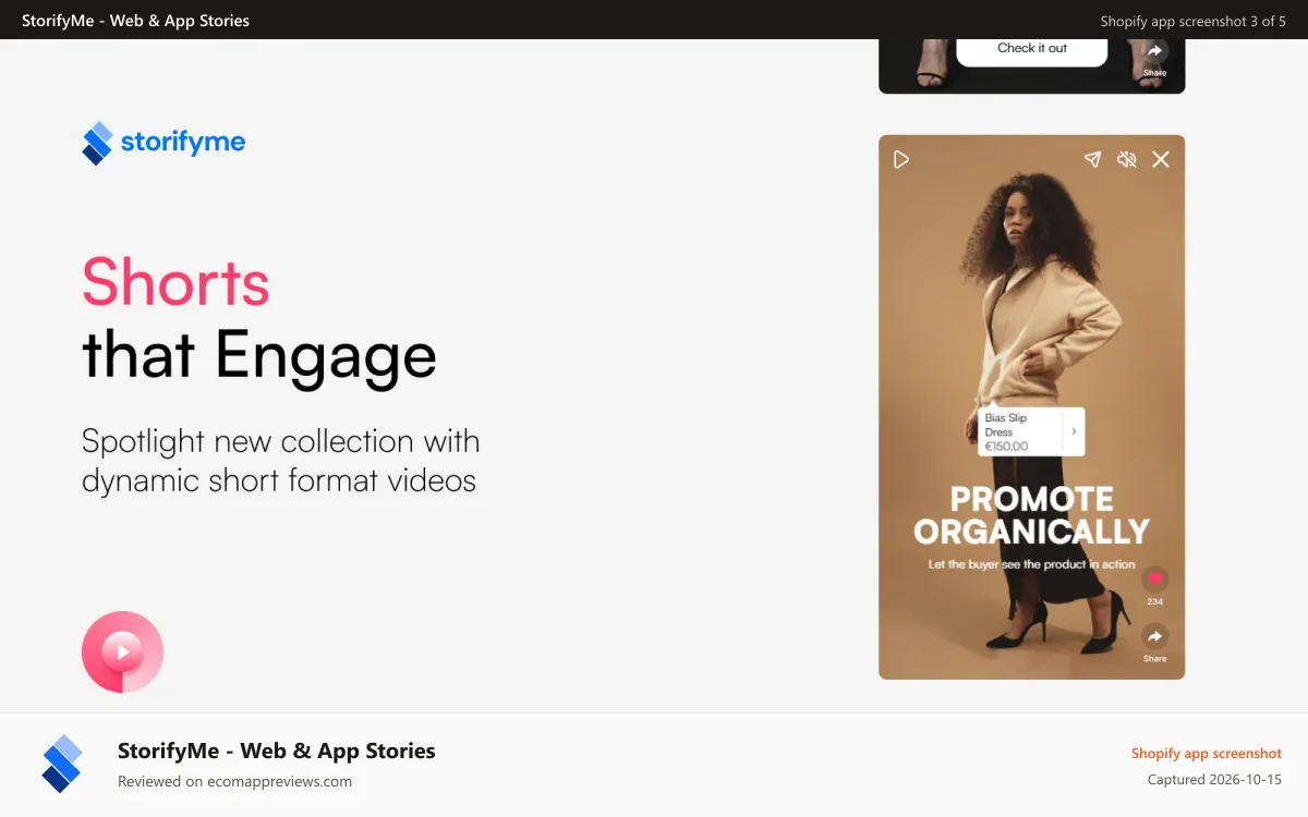 StorifyMe ‑ Web & App Stories Shopify app screenshot: Spotloght Products with Short-format Videos