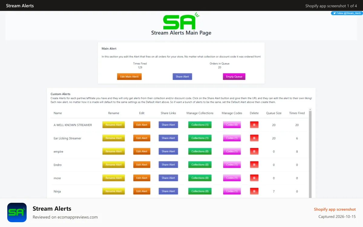 Stream Alerts Shopify app screenshot: Stream Alerts App