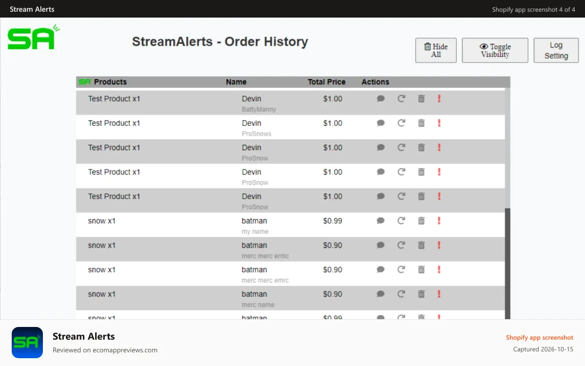 Stream Alerts Shopify app screenshot: Log Event List for Creators to Re-Fire Alerts