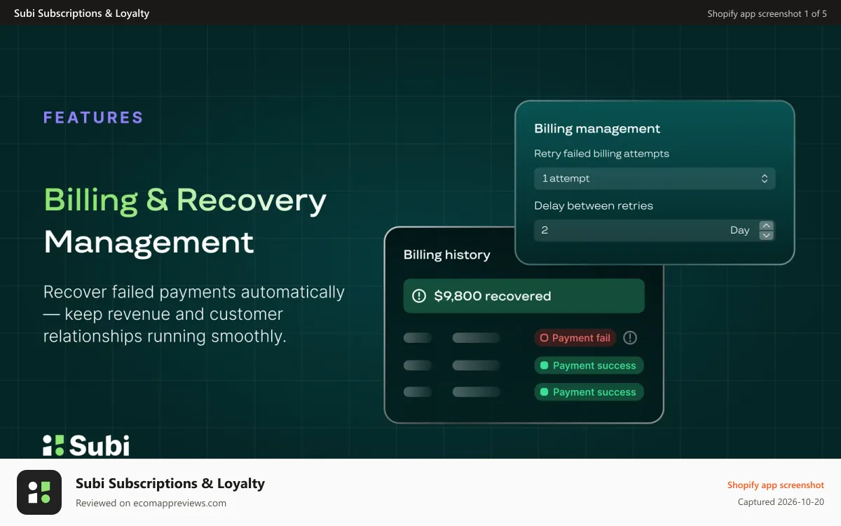 Subi Subscriptions & Loyalty Shopify app screenshot: Recover Failed Payments with Smart Dunning Management