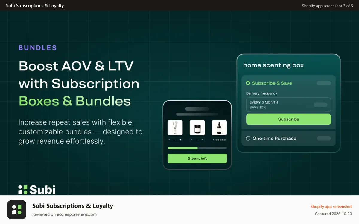 Subi Subscriptions & Loyalty Shopify app screenshot: Boost AOV with Subscription Boxes & Custom Bundles