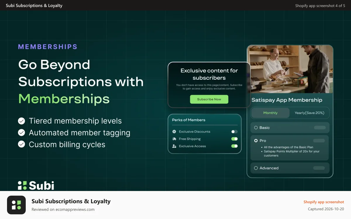 Subi Subscriptions & Loyalty Shopify app screenshot: Membership features: Tiers, Tagging & Custom Billing