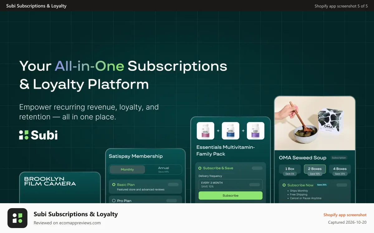 Subi Subscriptions & Loyalty Shopify app screenshot: All-in-One Subscription app, Loyalty, bundles & Memberships
