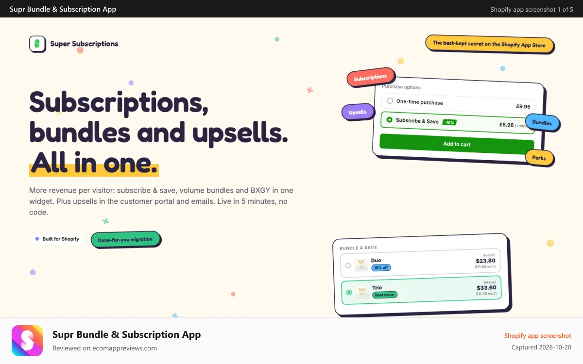 Supr Bundle & Subscription App Shopify app screenshot: Subscriptions bundles and upsells. All in one.