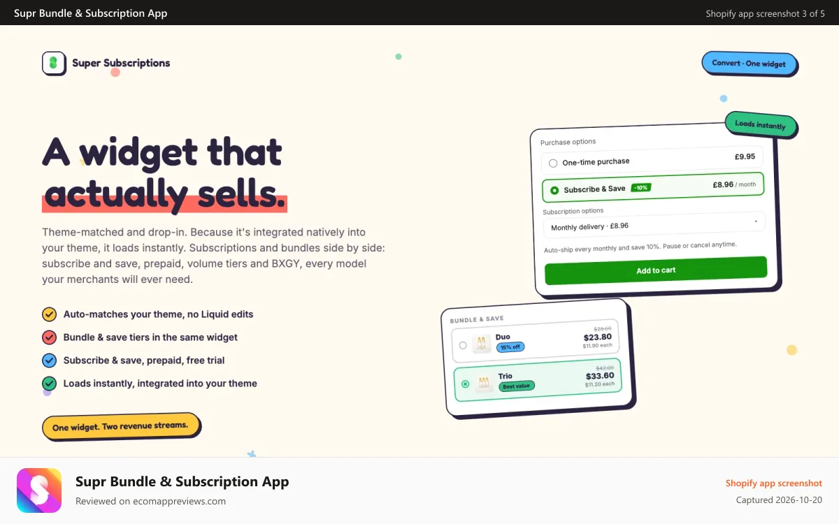 Supr Bundle & Subscription App Shopify app screenshot: A widget that actually sells