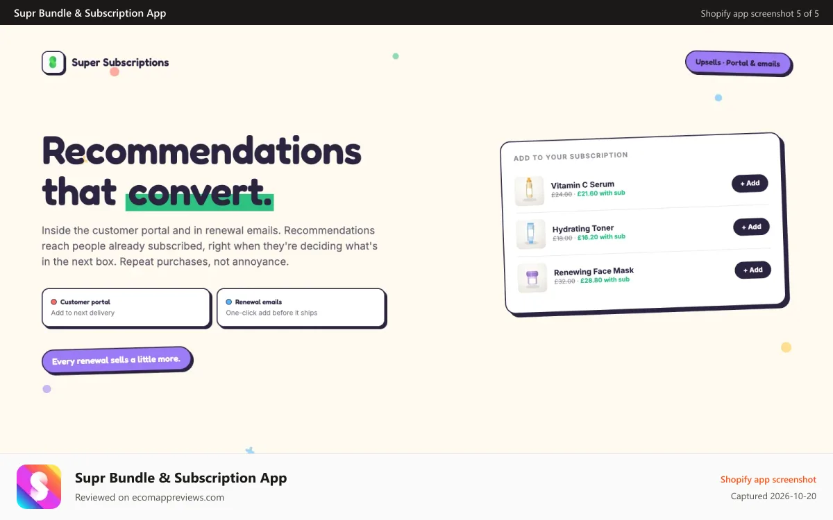 Supr Bundle & Subscription App Shopify app screenshot: Recommendations that convert.