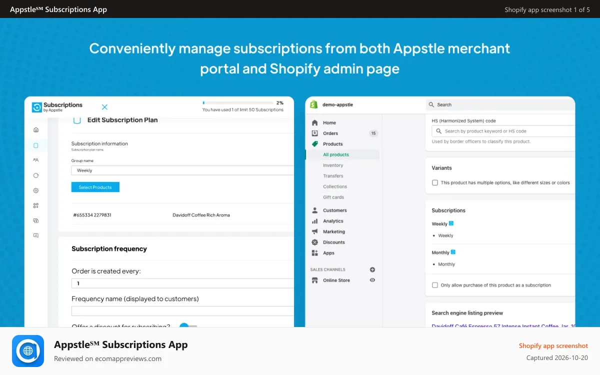 Appstle℠ Subscriptions App Shopify app screenshot: Easy and flexible subscription creation and management