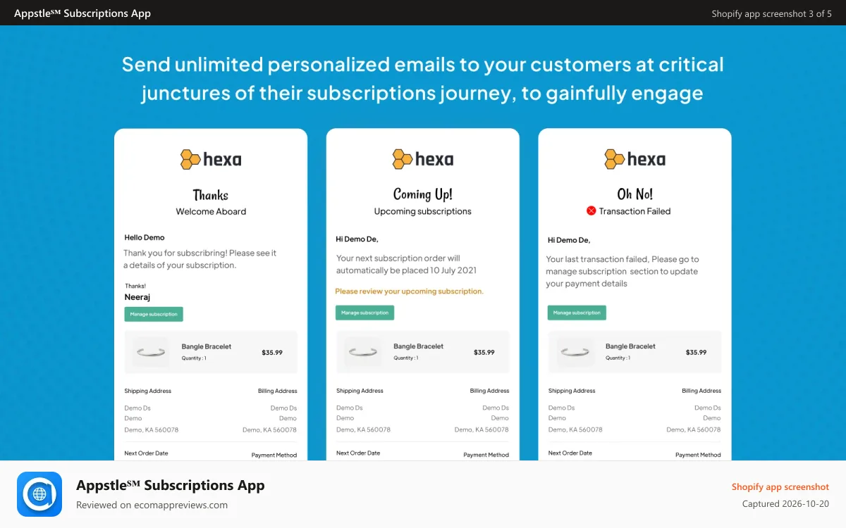 Appstle℠ Subscriptions App Shopify app screenshot: Personalized customer emails to smartly engage