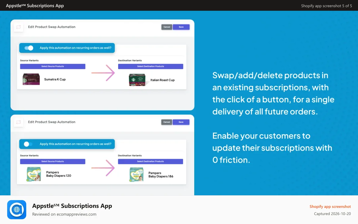 Appstle℠ Subscriptions App Shopify app screenshot: Easy subscription updates (product add/swap/delete)