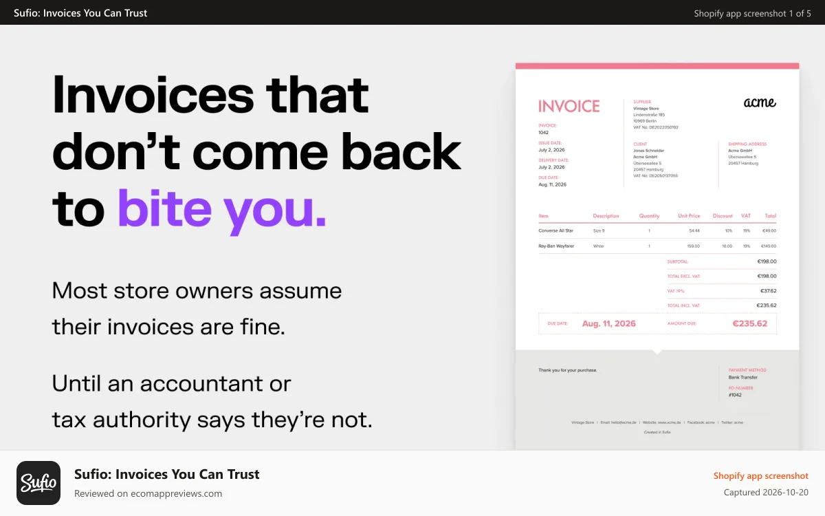 Sufio: Invoices You Can Trust Shopify app screenshot: Invoices that don't come back to bite you.