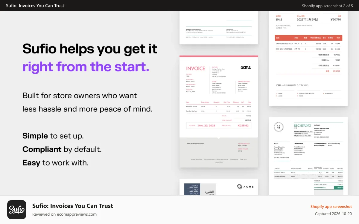 Sufio: Invoices You Can Trust Shopify app screenshot: Sufio helps you get it right from the start.