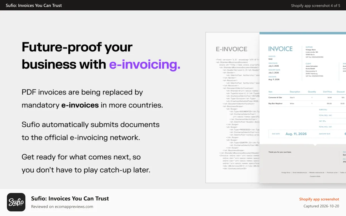 Sufio: Invoices You Can Trust Shopify app screenshot: Future-proof your business with e-invoicing.